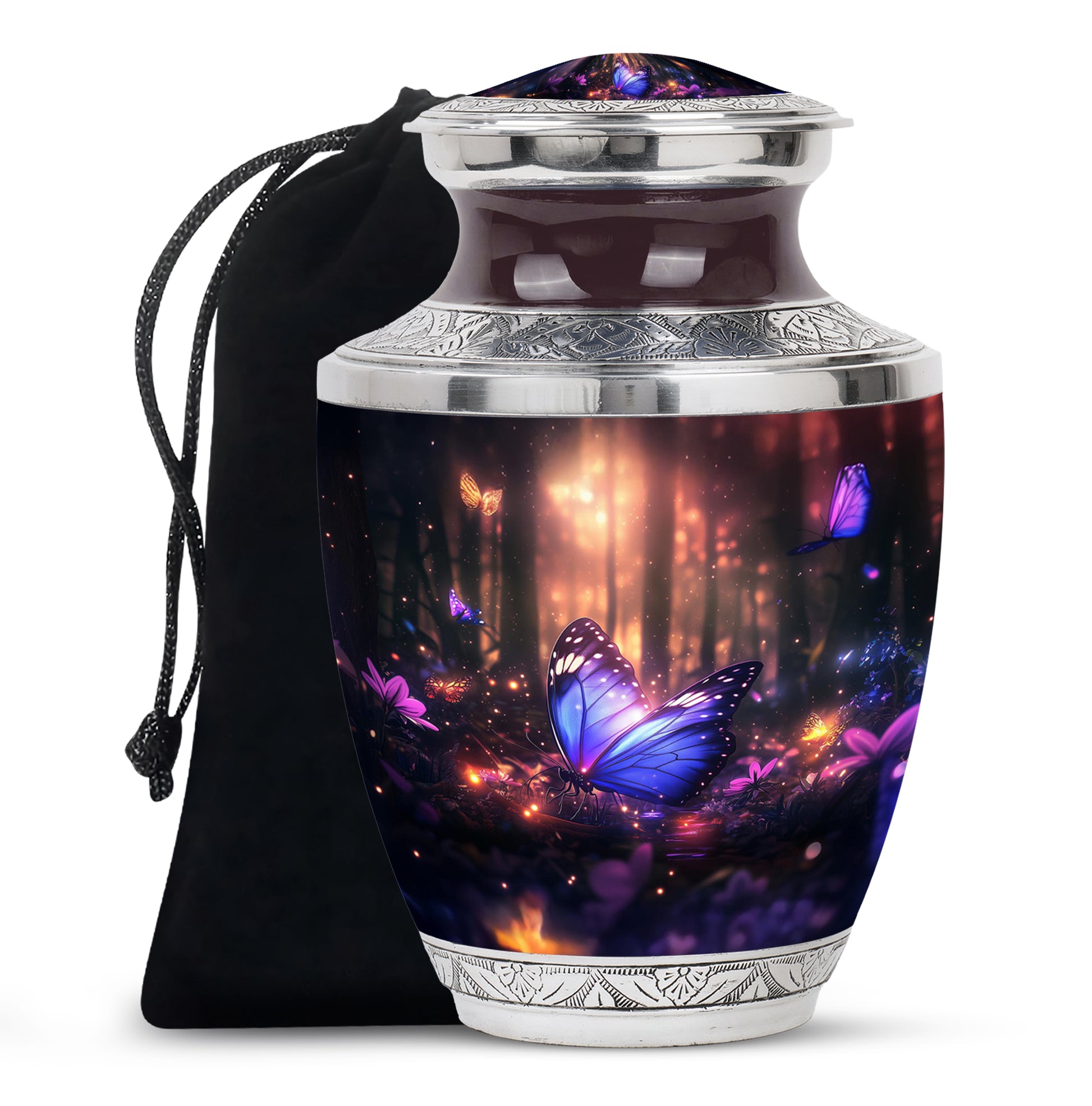 Dark Black Butterfly Cremation Urn side profile showing urn shape - artistic butterfly interpretation with creative detail - full-size 10 inch 200 cubic inch adult cremation urn