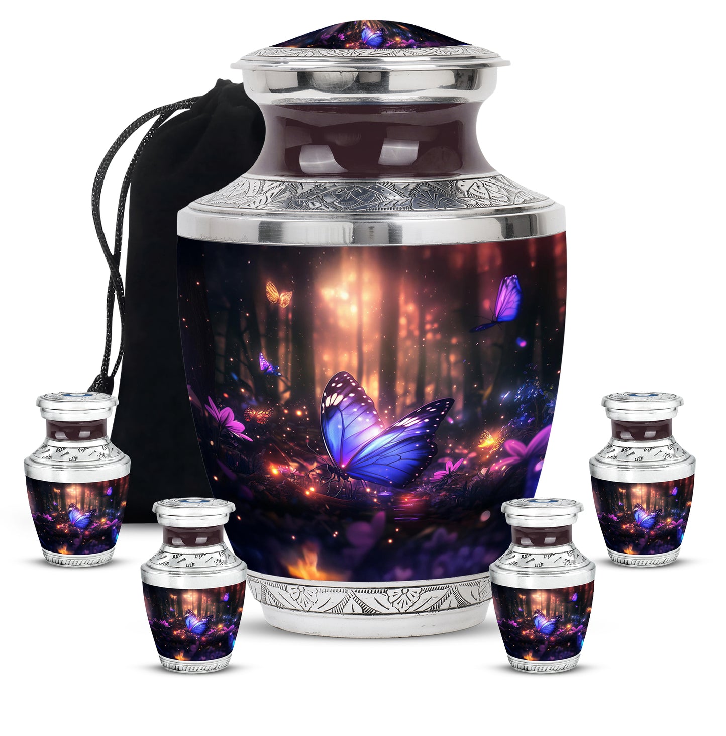 Midnight Black Butterfly Cremation Urn lifestyle display on memorial shelf - artistic butterfly interpretation with creative detail - memorial set with one large and four small urns