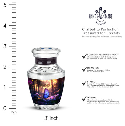 Jet Black Butterfly Cremation Urn top-down view of secure threaded lid - modern art-inspired butterfly motif on sleek aluminum - mini keepsake memorial for portion of cremation ashes