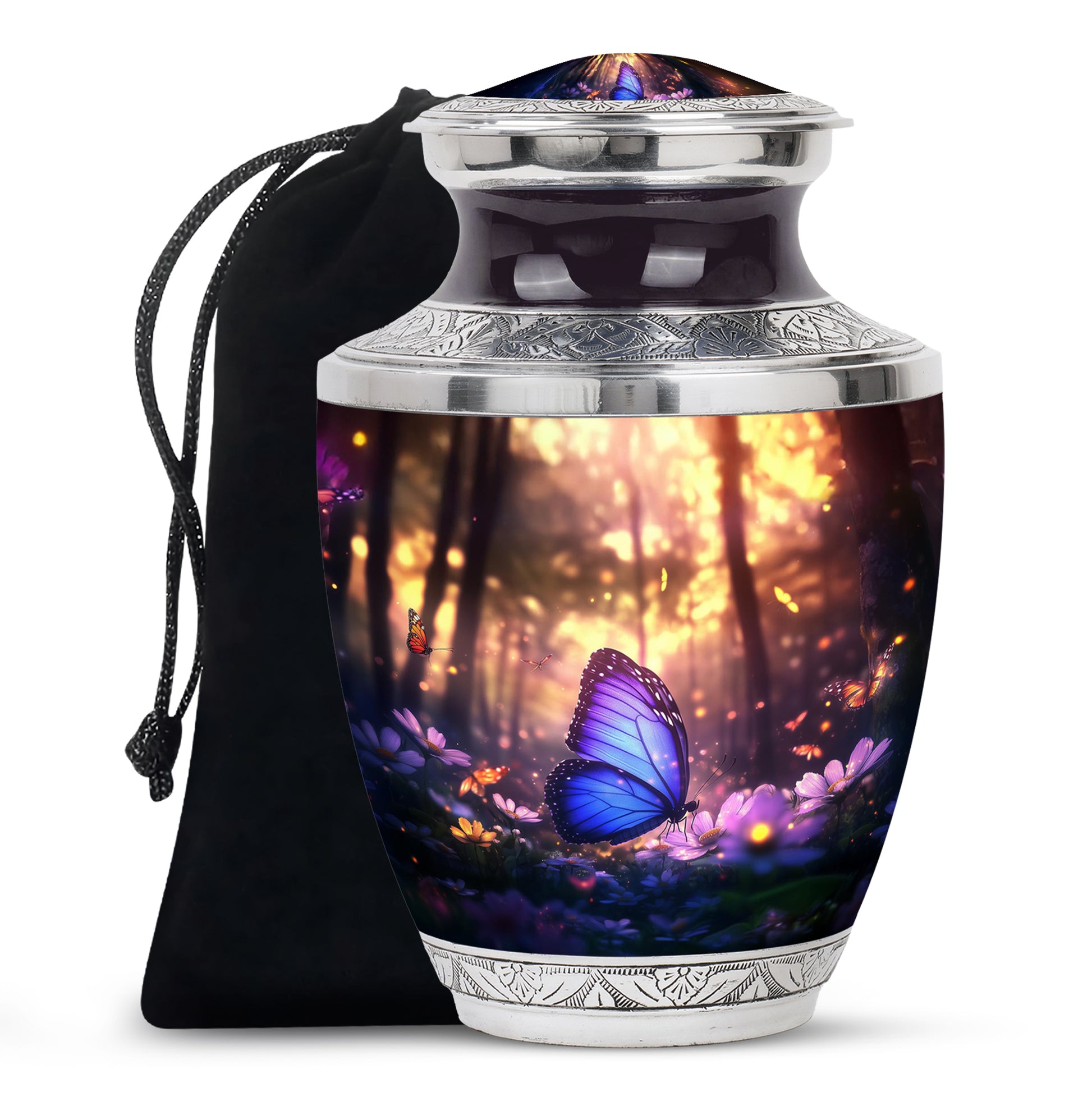Jet Black Butterfly Cremation Urn side profile showing urn shape - contemporary butterfly design with modern artistic flair - full-size 10 inch 200 cubic inch adult cremation urn