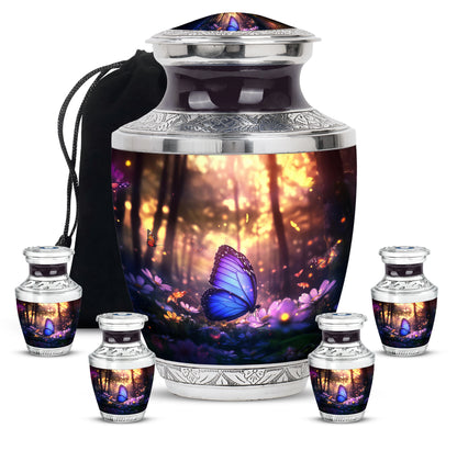 Onyx Black Butterfly Cremation Urn lifestyle display on memorial shelf - artistic butterfly interpretation with creative detail - memorial set with one large and four small urns