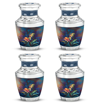 Glossy Black Butterfly Cremation Urn back view with polished surface - modern art-inspired butterfly motif on sleek aluminum - 10 inch aluminum urn for cremated remains