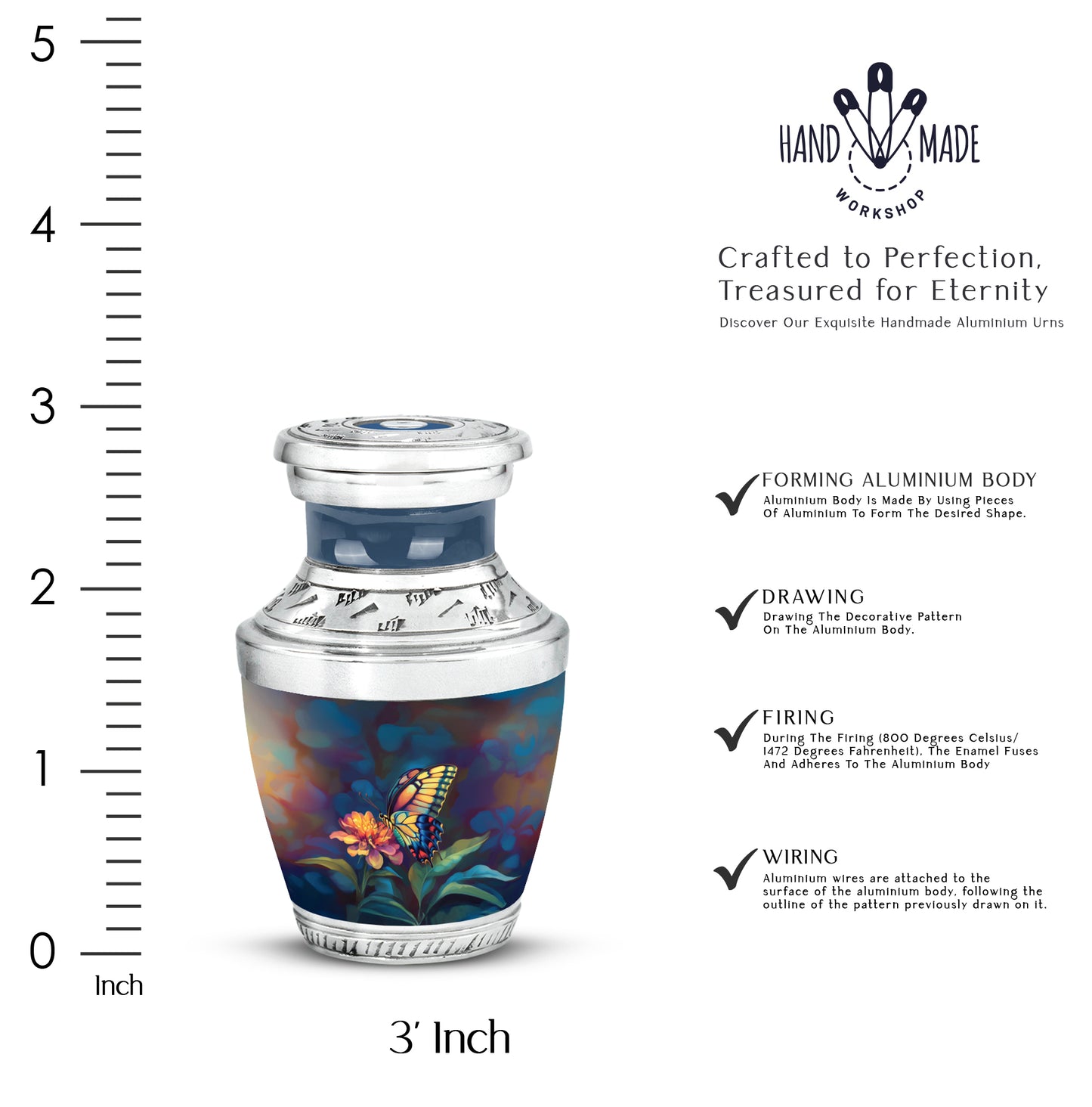 Jet Black Butterfly Cremation Urn top-down view of secure threaded lid - contemporary butterfly design with modern artistic flair - mini keepsake memorial for portion of cremation ashes