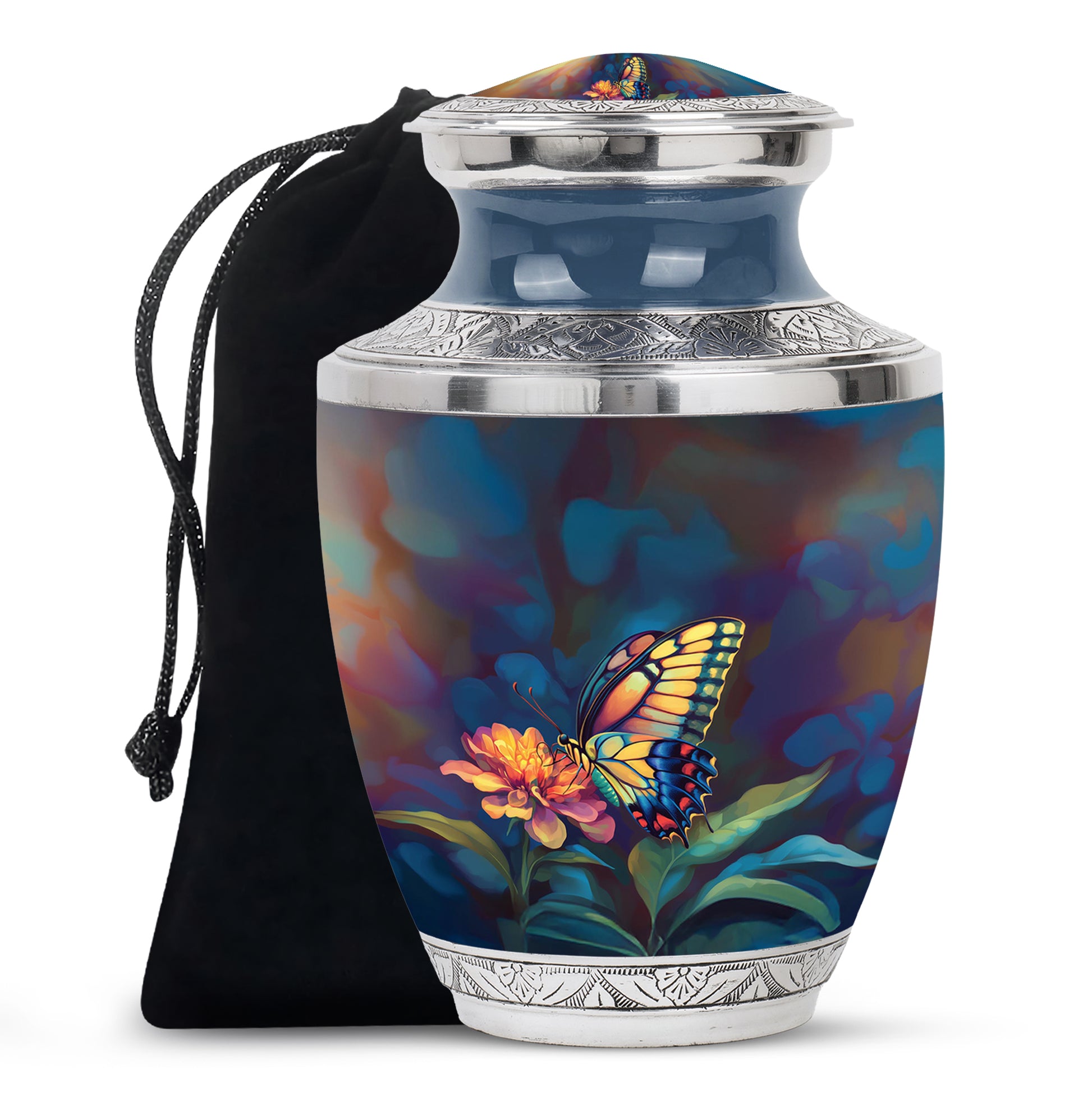 Midnight Black Butterfly Cremation Urn side profile showing urn shape - stylized abstract butterfly pattern with bold lines - full-size 10 inch 200 cubic inch adult cremation urn