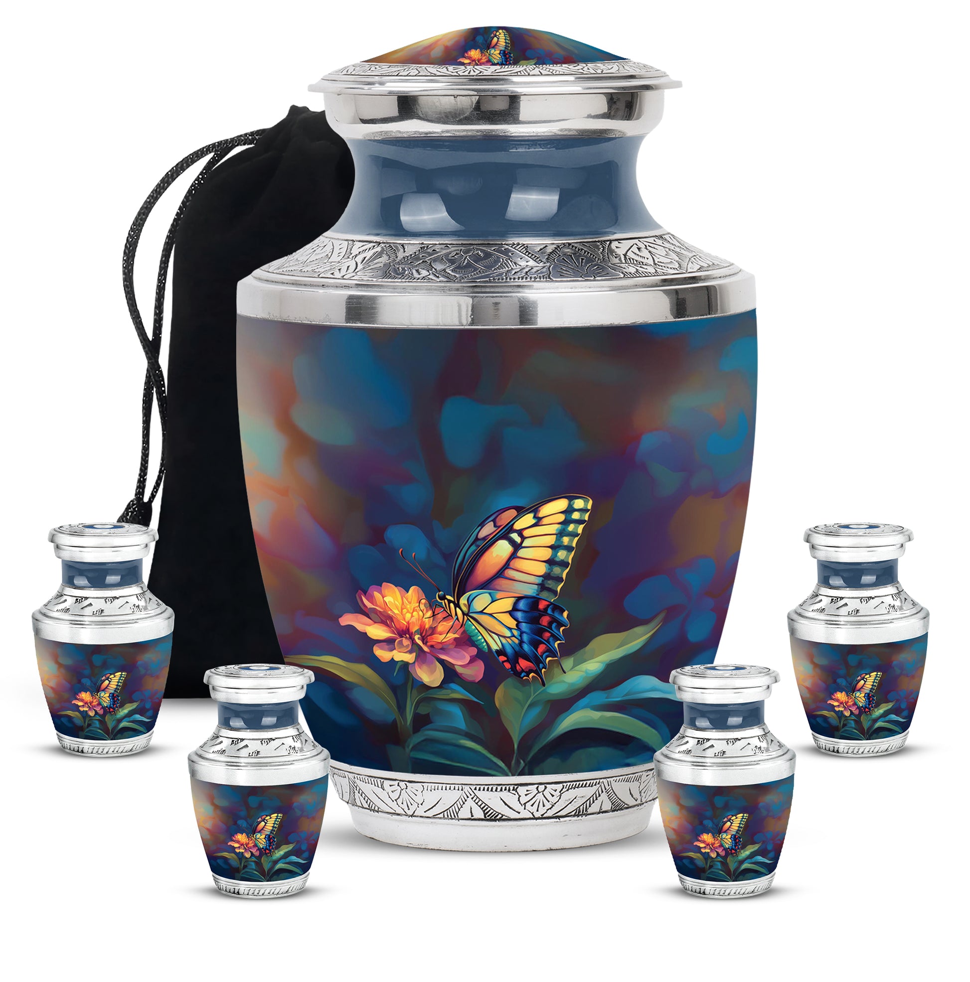 Glossy Black Butterfly Cremation Urn lifestyle display on memorial shelf - modern art-inspired butterfly motif on sleek aluminum - memorial set with one large and four small urns