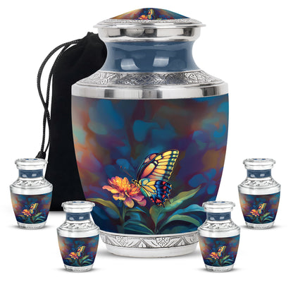 Glossy Black Butterfly Cremation Urn lifestyle display on memorial shelf - modern art-inspired butterfly motif on sleek aluminum - memorial set with one large and four small urns