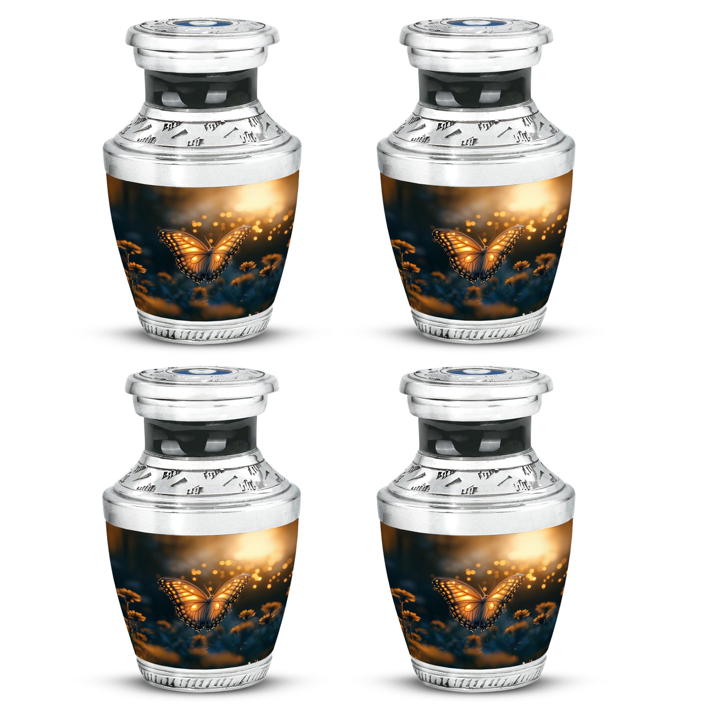 Glossy Black Butterfly Cremation Urn back view with polished surface - modern art-inspired butterfly motif on sleek aluminum - 10 inch aluminum urn for cremated remains