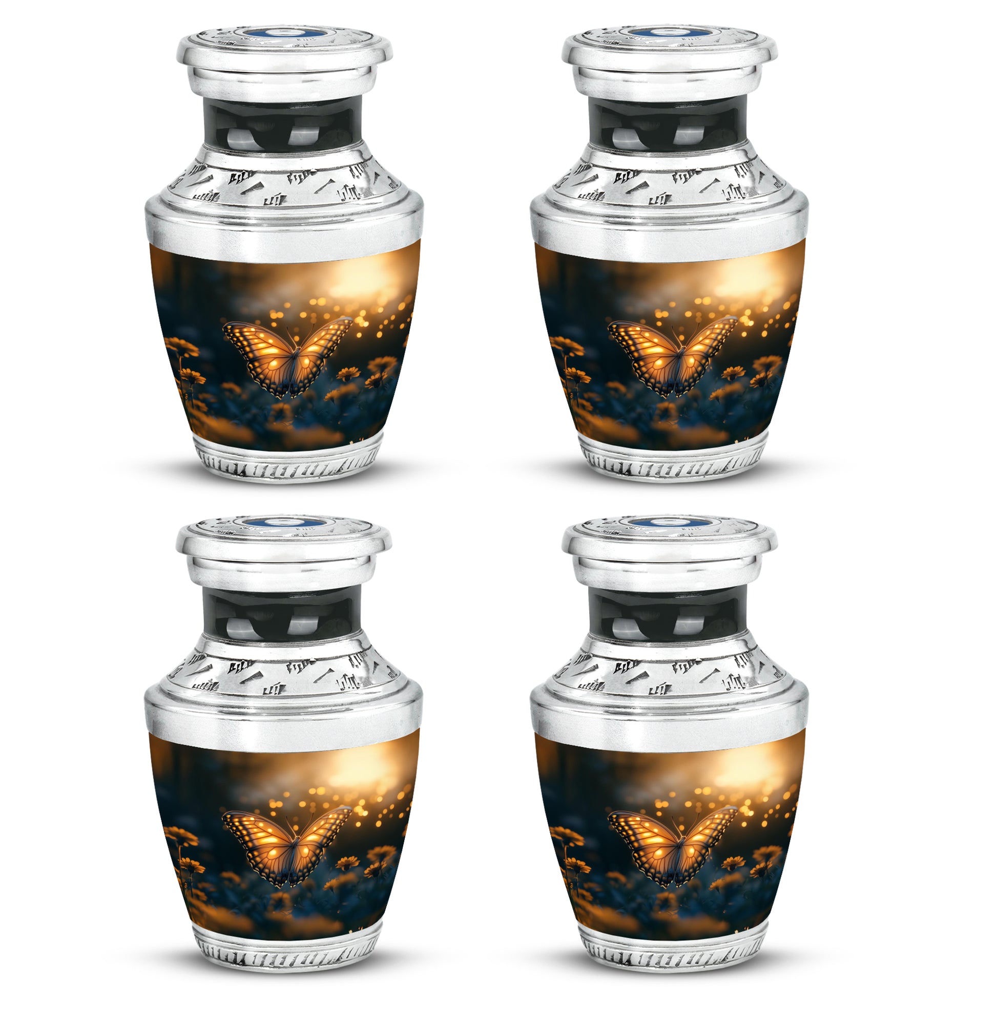 Glossy Black Butterfly Cremation Urn back view with polished surface - modern art-inspired butterfly motif on sleek aluminum - 10 inch aluminum urn for cremated remains