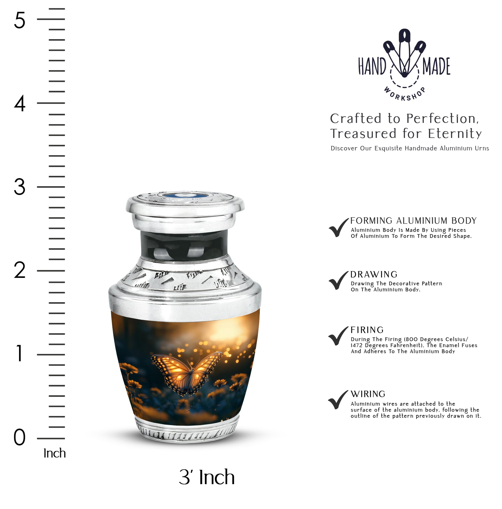 Rich Black Butterfly Cremation Urn top-down view of secure threaded lid - modern art-inspired butterfly motif on sleek aluminum - mini keepsake memorial for portion of cremation ashes