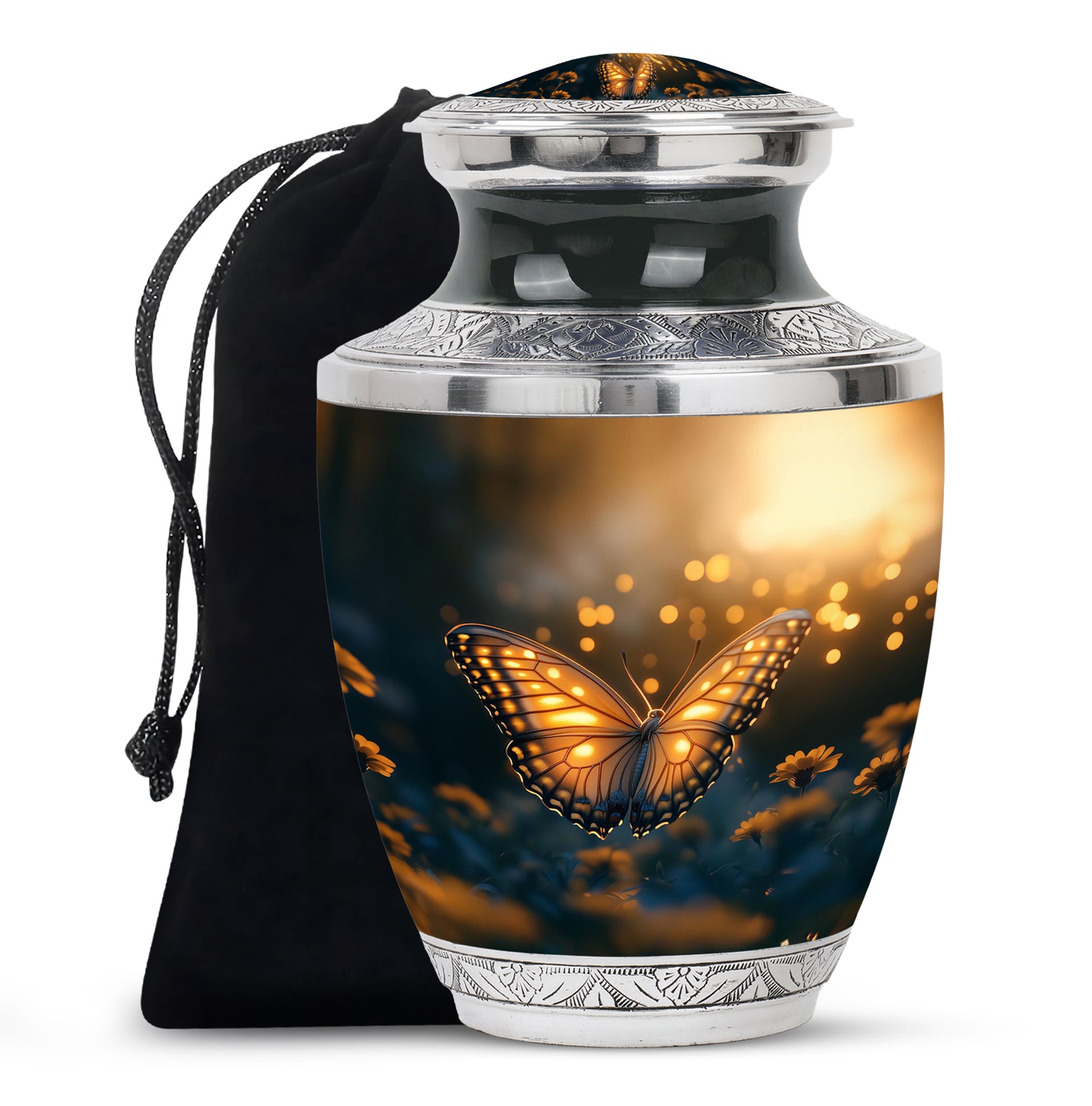 Midnight Black Butterfly Cremation Urn side profile showing urn shape - artistic butterfly interpretation with creative detail - full-size 10 inch 200 cubic inch adult cremation urn