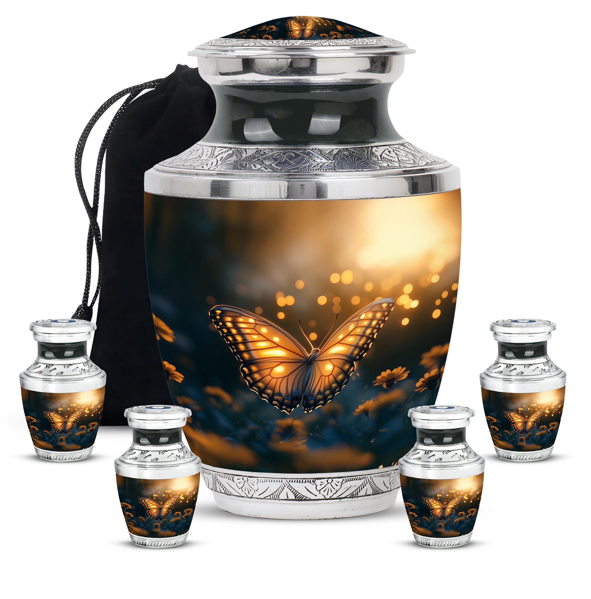 Charcoal Black Butterfly Cremation Urn lifestyle display on memorial shelf - stylized abstract butterfly pattern with bold lines - memorial set with one large and four small urns