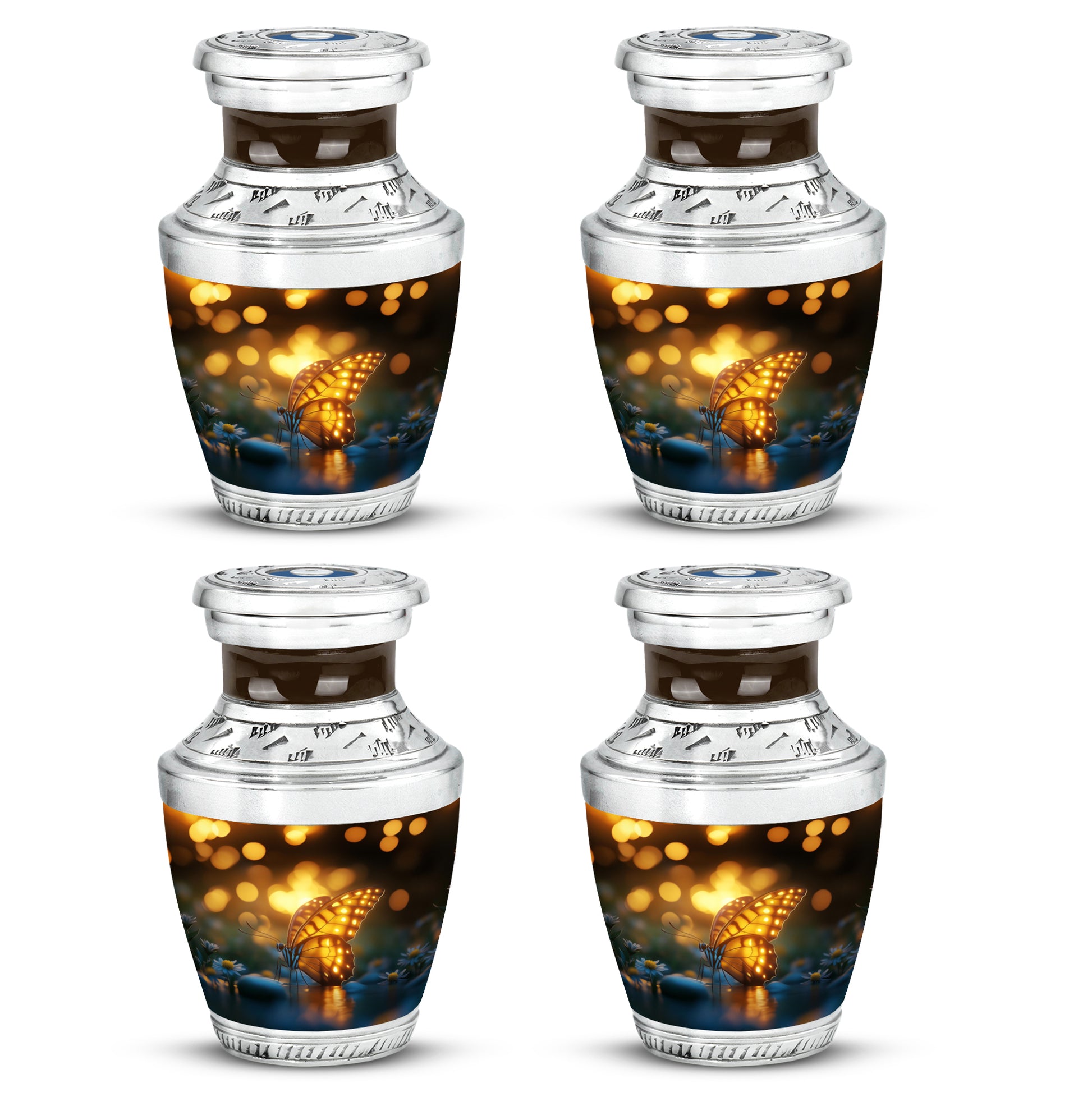 Onyx Black Butterfly Cremation Urn back view with polished surface - stylized abstract butterfly pattern with bold lines - 10 inch aluminum urn for cremated remains
