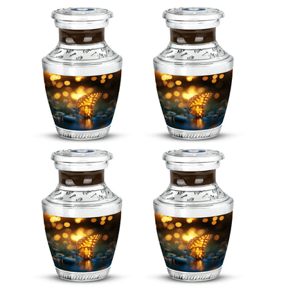 Onyx Black Butterfly Cremation Urn back view with polished surface - stylized abstract butterfly pattern with bold lines - 10 inch aluminum urn for cremated remains