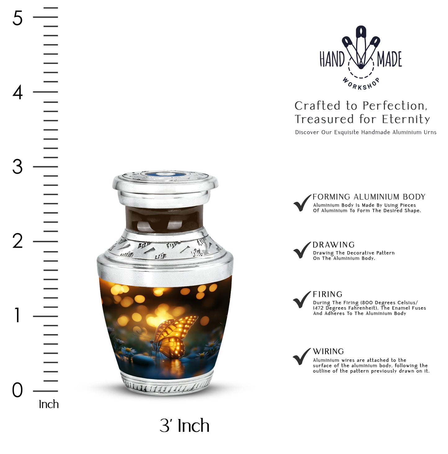 Rich Black Butterfly Cremation Urn top-down view of secure threaded lid - contemporary butterfly design with modern artistic flair - mini keepsake memorial for portion of cremation ashes