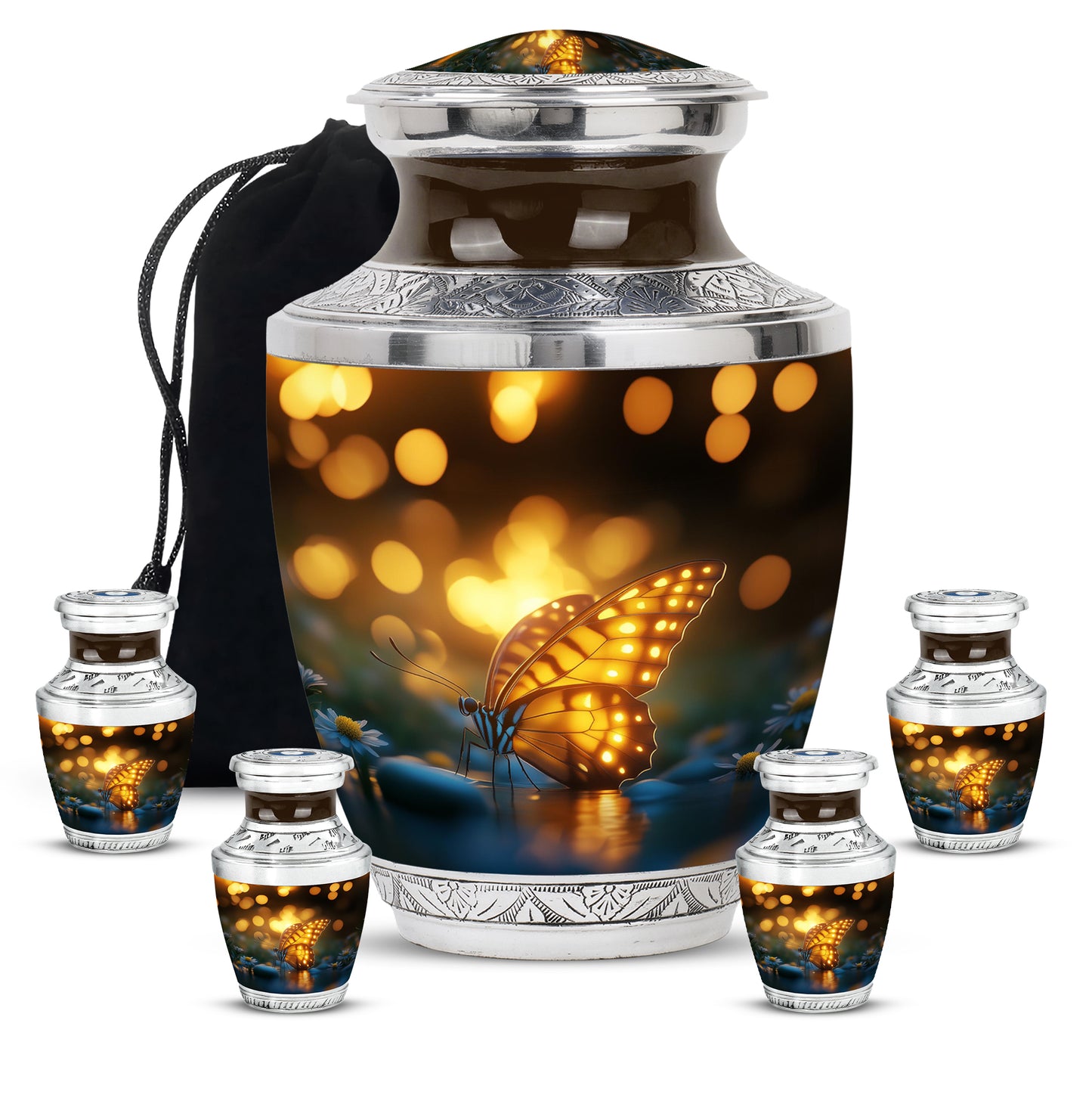 Ebony Butterfly Cremation Urn lifestyle display on memorial shelf - contemporary butterfly design with modern artistic flair - memorial set with one large and four small urns