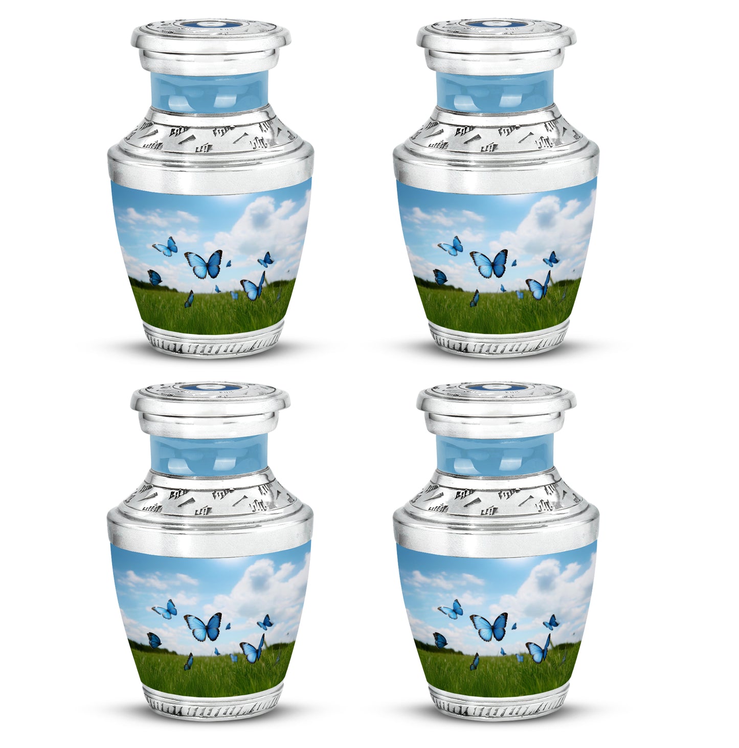 Pastel Blue Butterfly Cremation Urn back view with polished surface - modern art-inspired butterfly motif on sleek aluminum - 10 inch aluminum urn for cremated remains