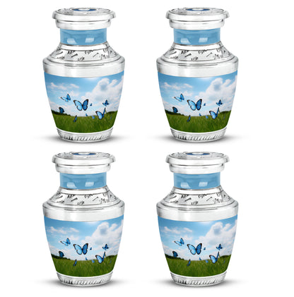 Pastel Blue Butterfly Cremation Urn back view with polished surface - modern art-inspired butterfly motif on sleek aluminum - 10 inch aluminum urn for cremated remains