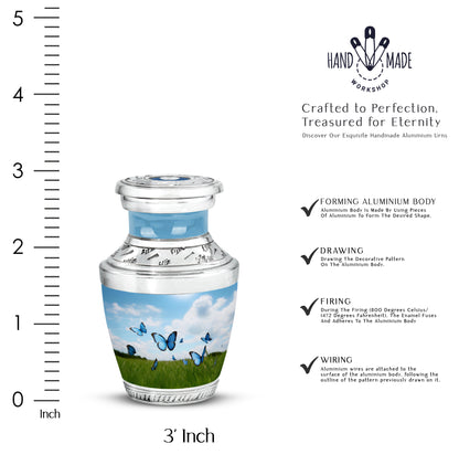 Twilight Blue Butterfly Cremation Urn top-down view of secure threaded lid - artistic butterfly interpretation with creative detail - mini keepsake memorial for portion of cremation ashes