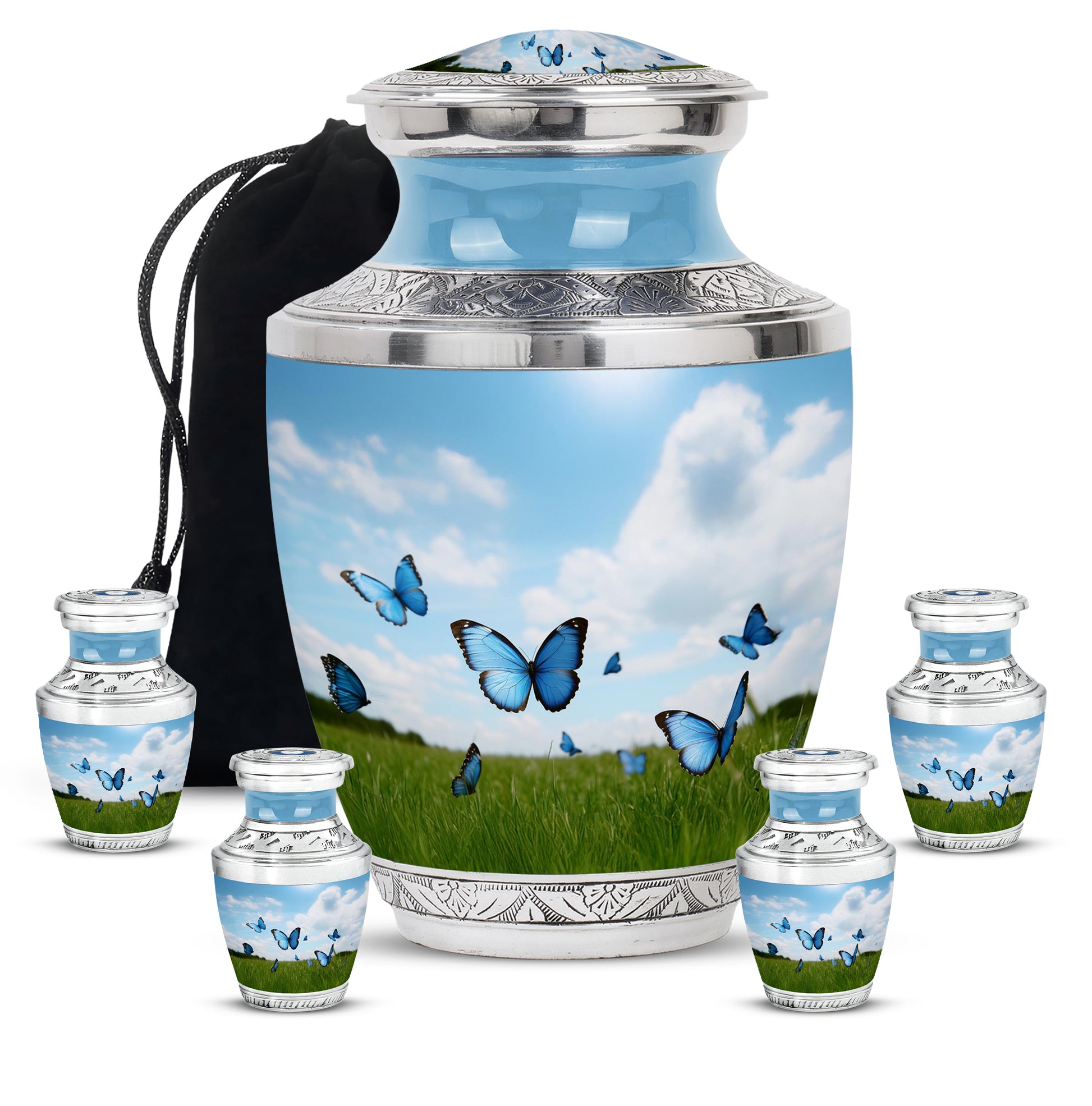 Cornflower Blue Butterfly Cremation Urn lifestyle display on memorial shelf - stylized abstract butterfly pattern with bold lines - memorial set with one large and four small urns