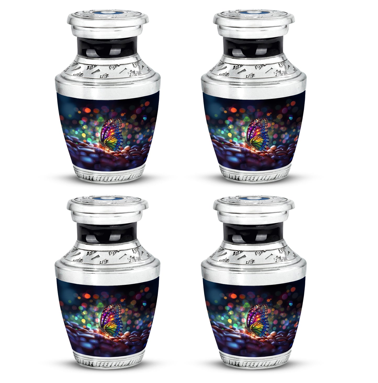 Sapphire Blue Butterfly Cremation Urn back view with polished surface - stylized abstract butterfly pattern with bold lines - 10 inch aluminum urn for cremated remains
