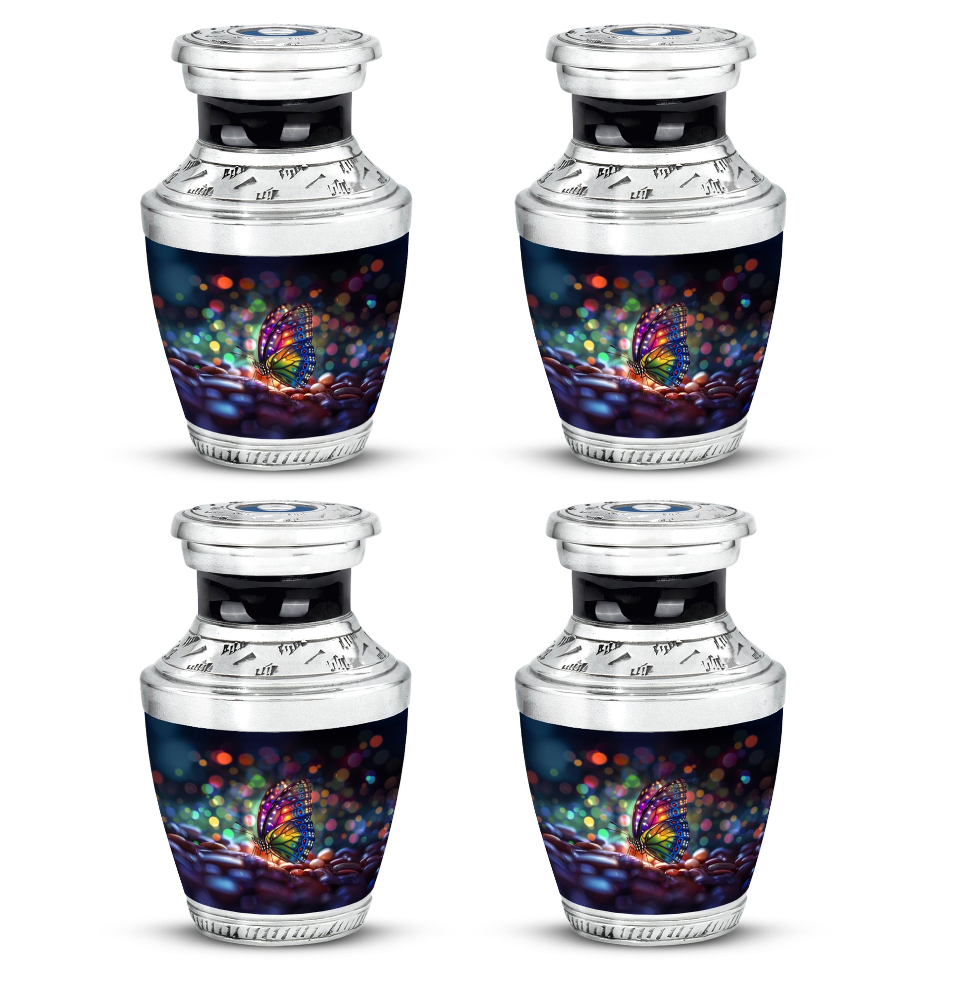 Sapphire Blue Butterfly Cremation Urn back view with polished surface - stylized abstract butterfly pattern with bold lines - 10 inch aluminum urn for cremated remains