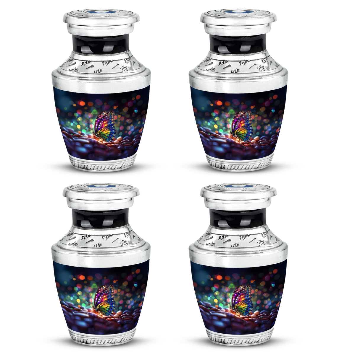 Sapphire Blue Butterfly Cremation Urn back view with polished surface - stylized abstract butterfly pattern with bold lines - 10 inch aluminum urn for cremated remains