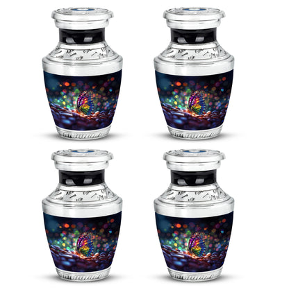 Sapphire Blue Butterfly Cremation Urn back view with polished surface - stylized abstract butterfly pattern with bold lines - 10 inch aluminum urn for cremated remains