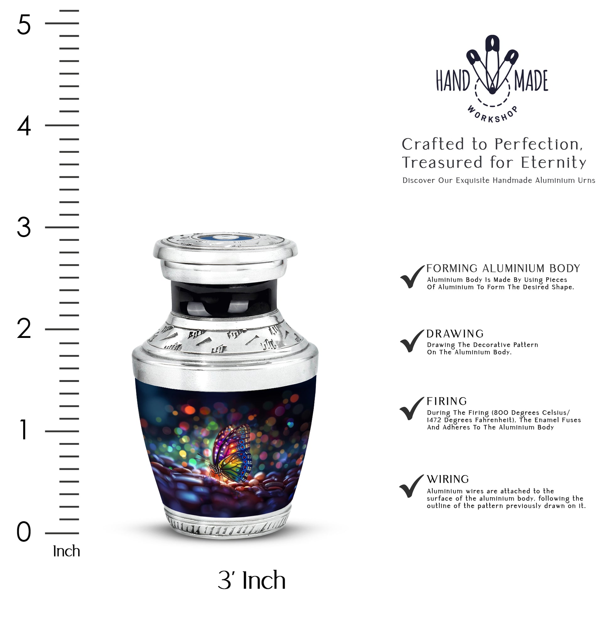 Soft Blue Butterfly Cremation Urn top-down view of secure threaded lid - stylized abstract butterfly pattern with bold lines - mini keepsake memorial for portion of cremation ashes