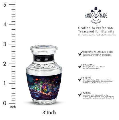 Soft Blue Butterfly Cremation Urn top-down view of secure threaded lid - stylized abstract butterfly pattern with bold lines - mini keepsake memorial for portion of cremation ashes