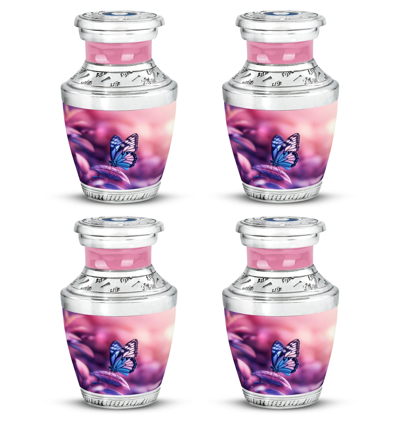Vintage Pink Butterfly Cremation Urn back view with polished surface - stylized abstract butterfly pattern with bold lines - 10 inch aluminum urn for cremated remains