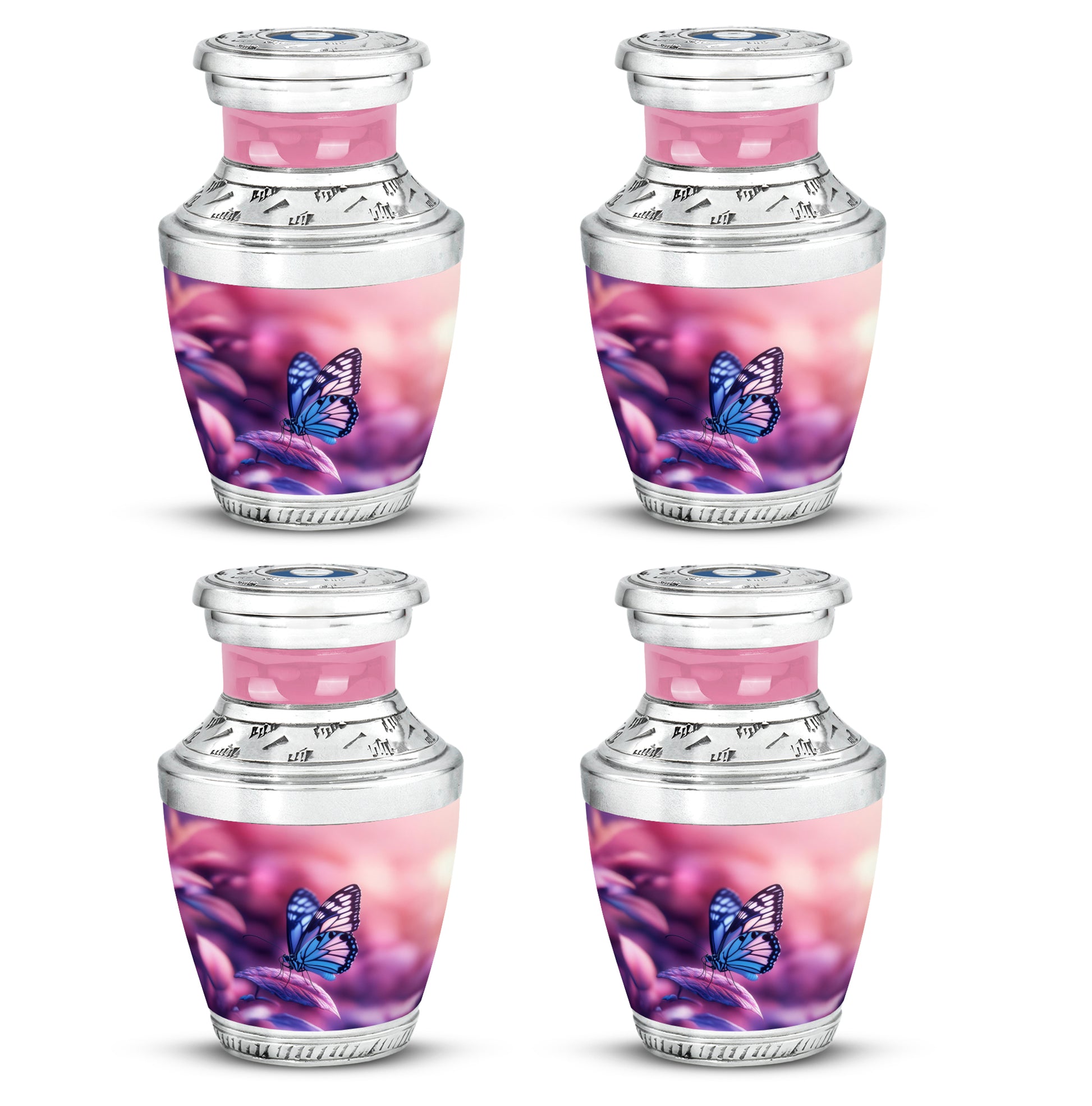 Vintage Pink Butterfly Cremation Urn back view with polished surface - stylized abstract butterfly pattern with bold lines - 10 inch aluminum urn for cremated remains