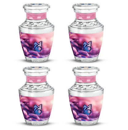 Vintage Pink Butterfly Cremation Urn back view with polished surface - stylized abstract butterfly pattern with bold lines - 10 inch aluminum urn for cremated remains