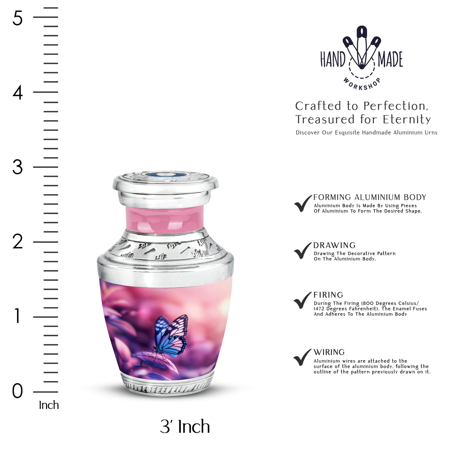 Salmon Pink Butterfly Cremation Urn top-down view of secure threaded lid - stylized abstract butterfly pattern with bold lines - mini keepsake memorial for portion of cremation ashes