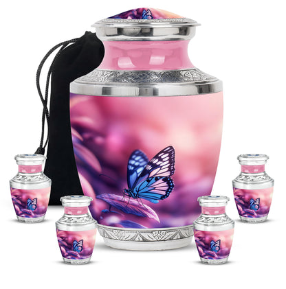 Pastel Pink Butterfly Cremation Urn lifestyle display on memorial shelf - contemporary butterfly design with modern artistic flair - memorial set with one large and four small urns