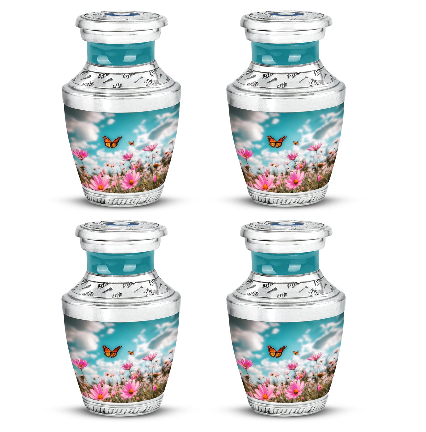 Aqua Teal Butterfly Cremation Urn back view with polished surface - stylized abstract butterfly pattern with bold lines - 10 inch aluminum urn for cremated remains