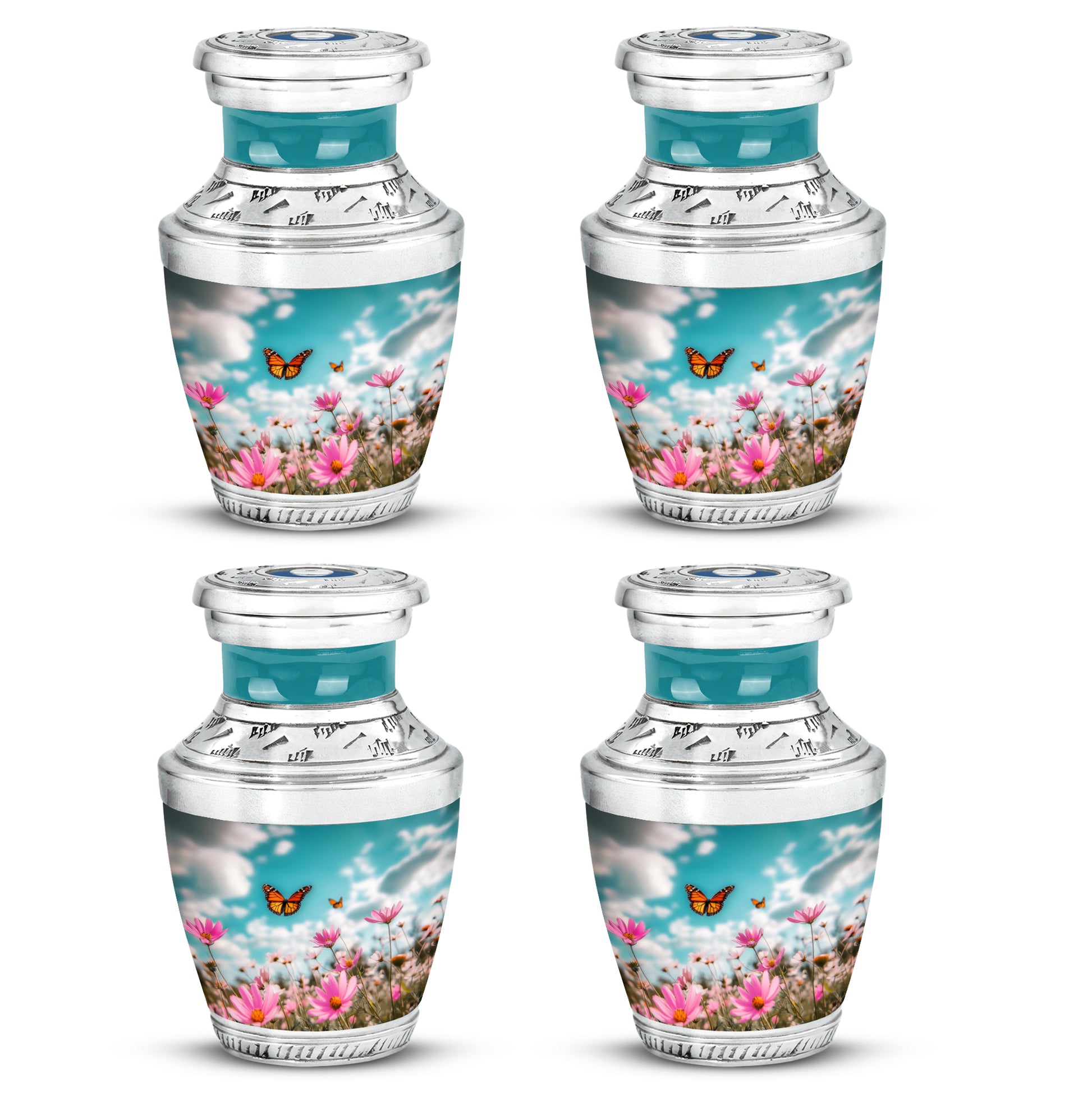 Aqua Teal Butterfly Cremation Urn back view with polished surface - stylized abstract butterfly pattern with bold lines - 10 inch aluminum urn for cremated remains