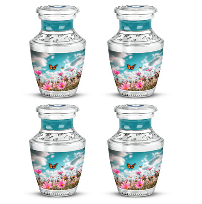 Aqua Teal Butterfly Cremation Urn back view with polished surface - stylized abstract butterfly pattern with bold lines - 10 inch aluminum urn for cremated remains
