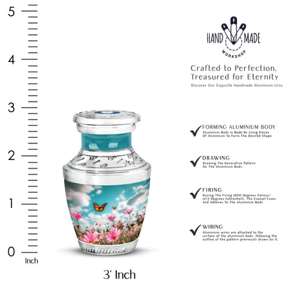 Vivid Teal Butterfly Cremation Urn top-down view of secure threaded lid - stylized abstract butterfly pattern with bold lines - mini keepsake memorial for portion of cremation ashes