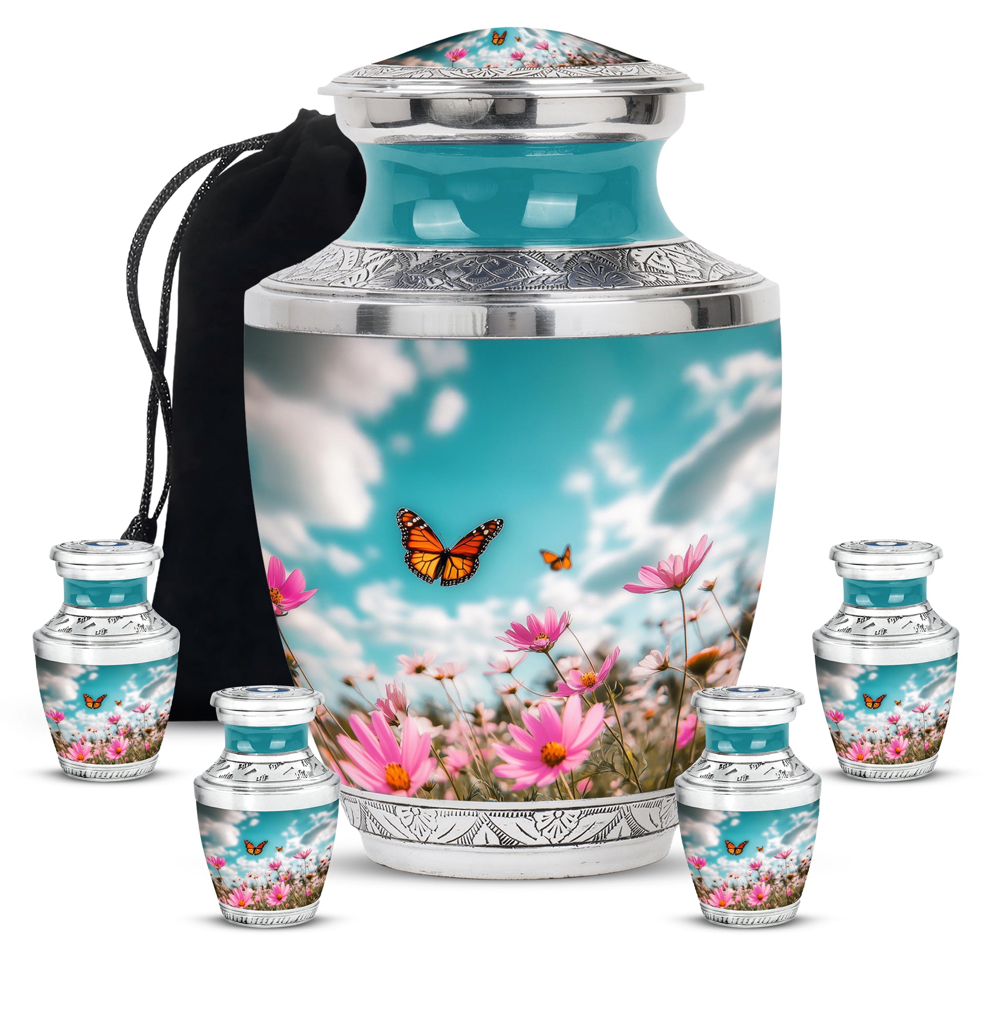 Ocean Teal Butterfly Cremation Urn lifestyle display on memorial shelf - modern art-inspired butterfly motif on sleek aluminum - memorial set with one large and four small urns