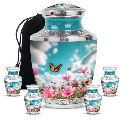 Ocean Teal Butterfly Cremation Urn lifestyle display on memorial shelf - modern art-inspired butterfly motif on sleek aluminum - memorial set with one large and four small urns
