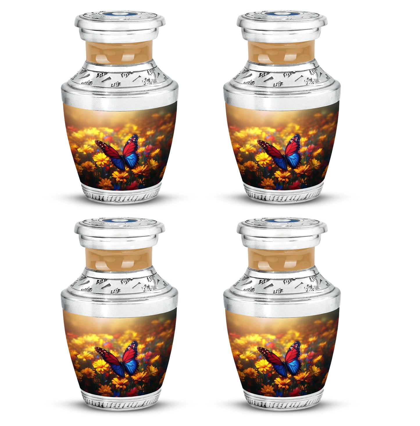 Warm Gold Butterfly Cremation Urn back view with polished surface - stylized abstract butterfly pattern with bold lines - 10 inch aluminum urn for cremated remains