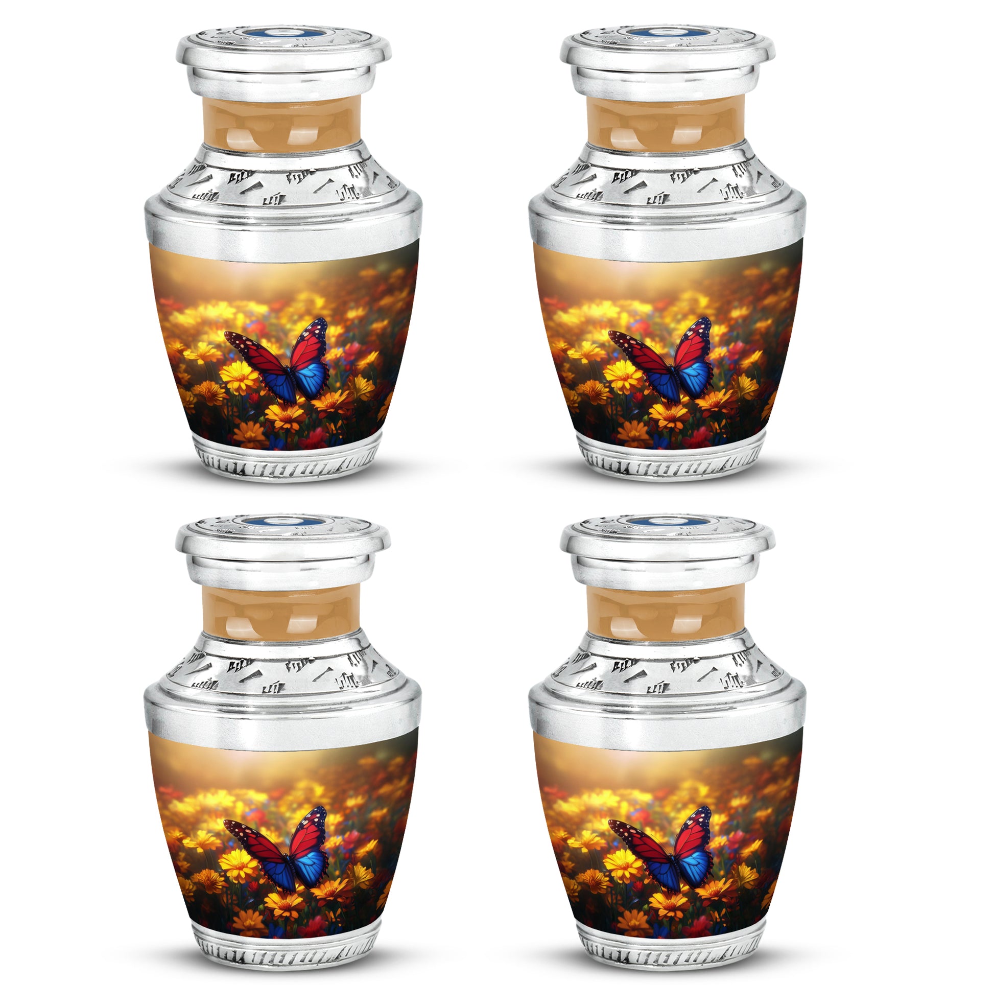 Warm Gold Butterfly Cremation Urn back view with polished surface - stylized abstract butterfly pattern with bold lines - 10 inch aluminum urn for cremated remains