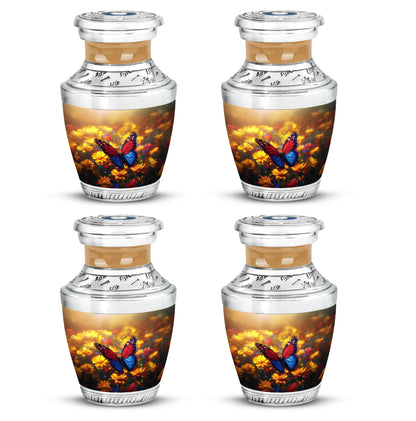 Warm Gold Butterfly Cremation Urn back view with polished surface - stylized abstract butterfly pattern with bold lines - 10 inch aluminum urn for cremated remains