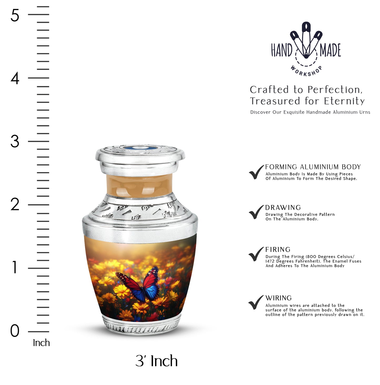 Royal Gold Butterfly Cremation Urn top-down view of secure threaded lid - stylized abstract butterfly pattern with bold lines - mini keepsake memorial for portion of cremation ashes