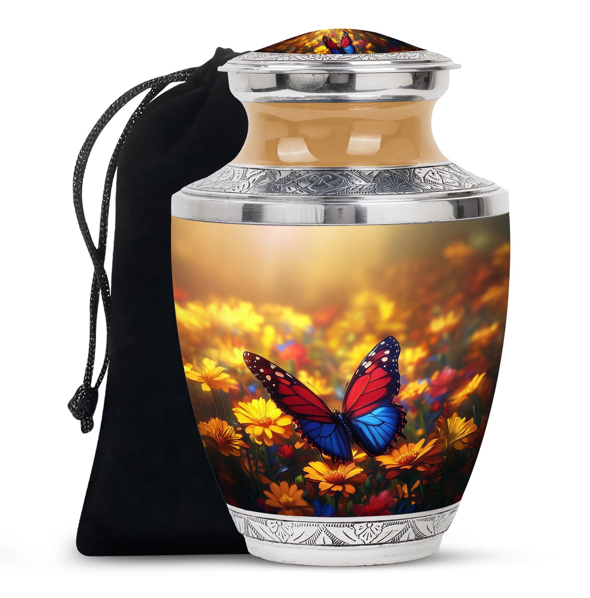 Harvest Gold Butterfly Cremation Urn side profile showing urn shape - stylized abstract butterfly pattern with bold lines - full-size 10 inch 200 cubic inch adult cremation urn