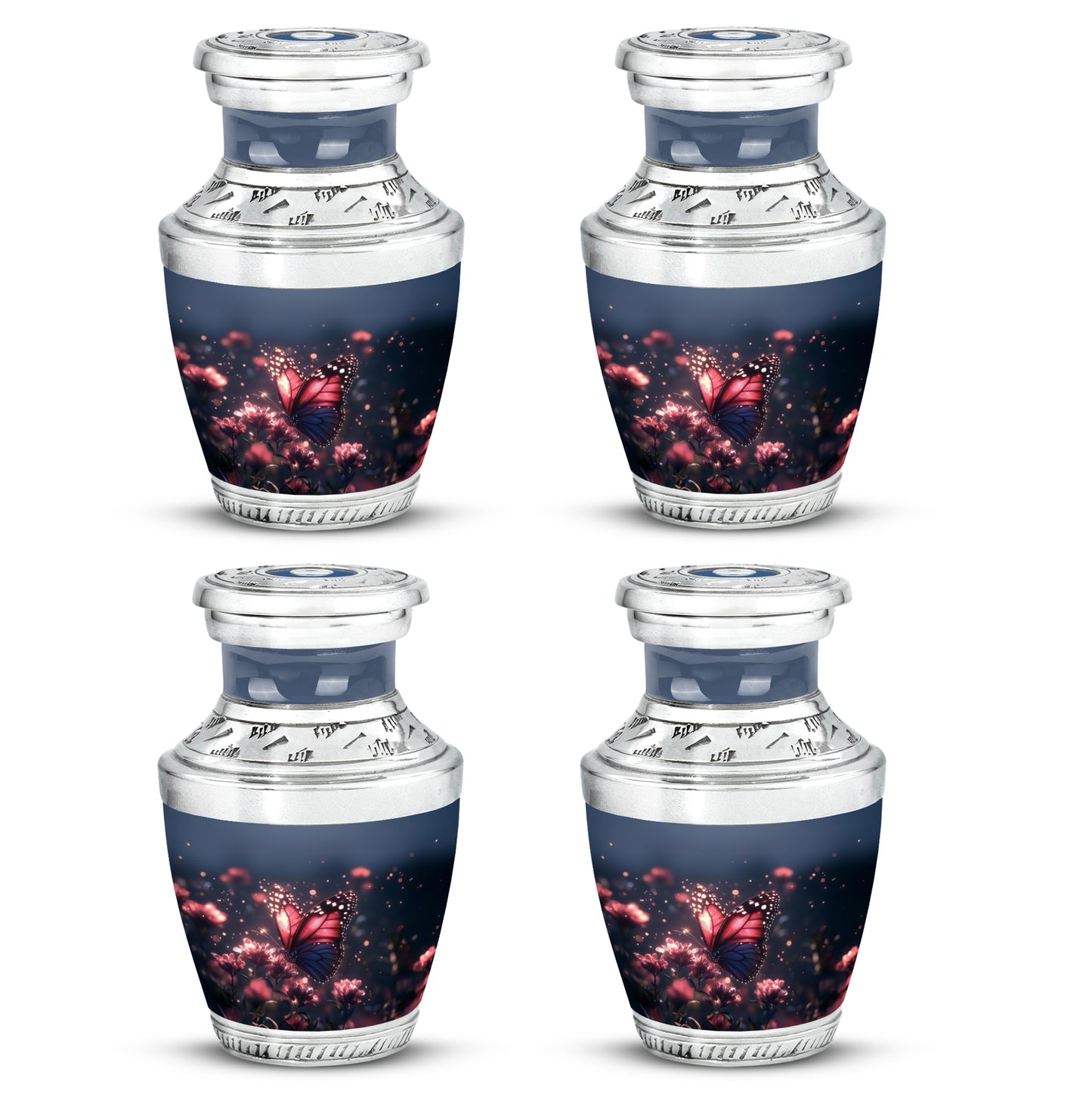 Serene Blue Butterfly Cremation Urn back view with polished surface - stylized abstract butterfly pattern with bold lines - 10 inch aluminum urn for cremated remains