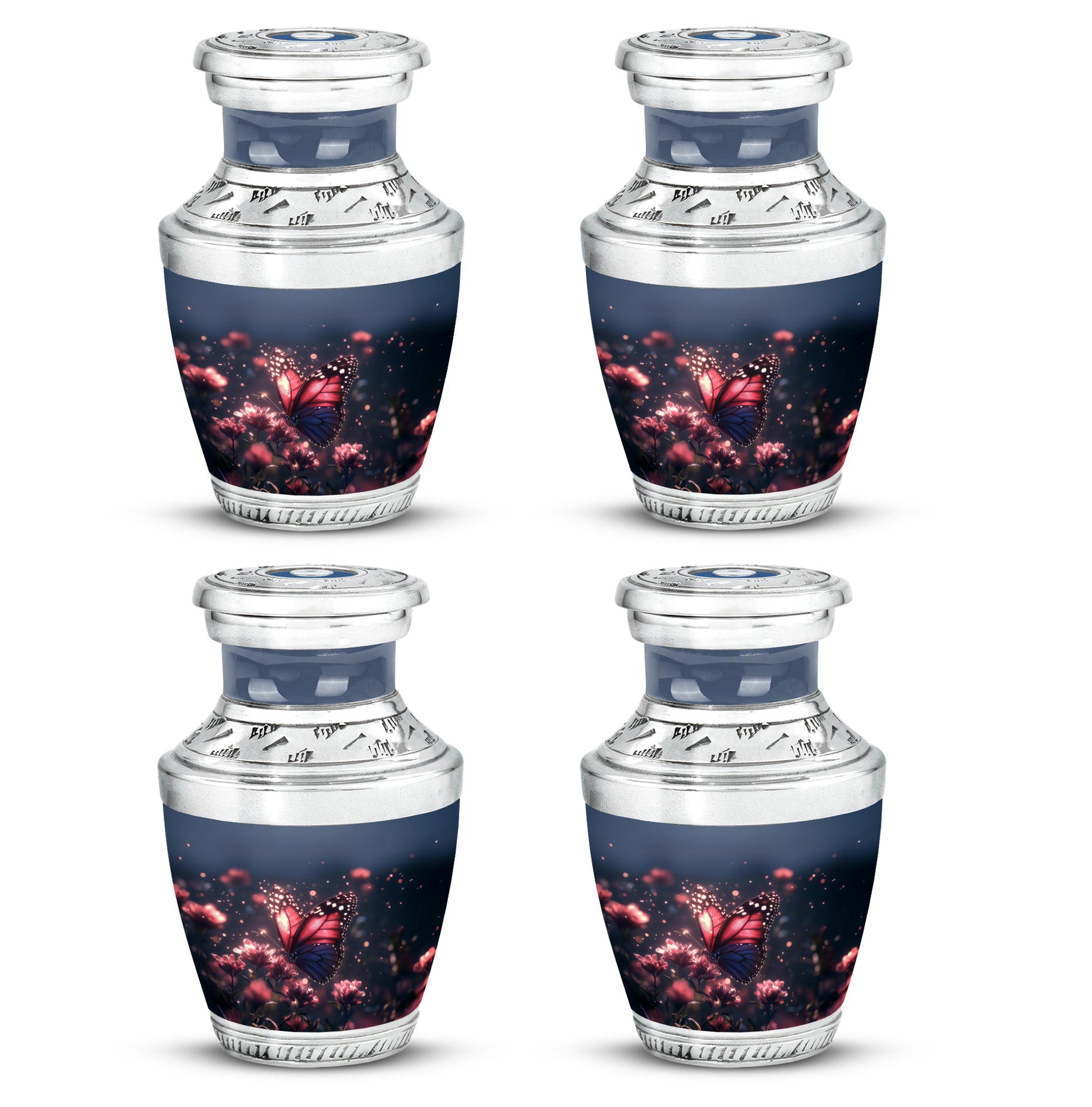 Serene Blue Butterfly Cremation Urn back view with polished surface - stylized abstract butterfly pattern with bold lines - 10 inch aluminum urn for cremated remains