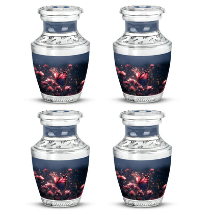 Serene Blue Butterfly Cremation Urn back view with polished surface - stylized abstract butterfly pattern with bold lines - 10 inch aluminum urn for cremated remains