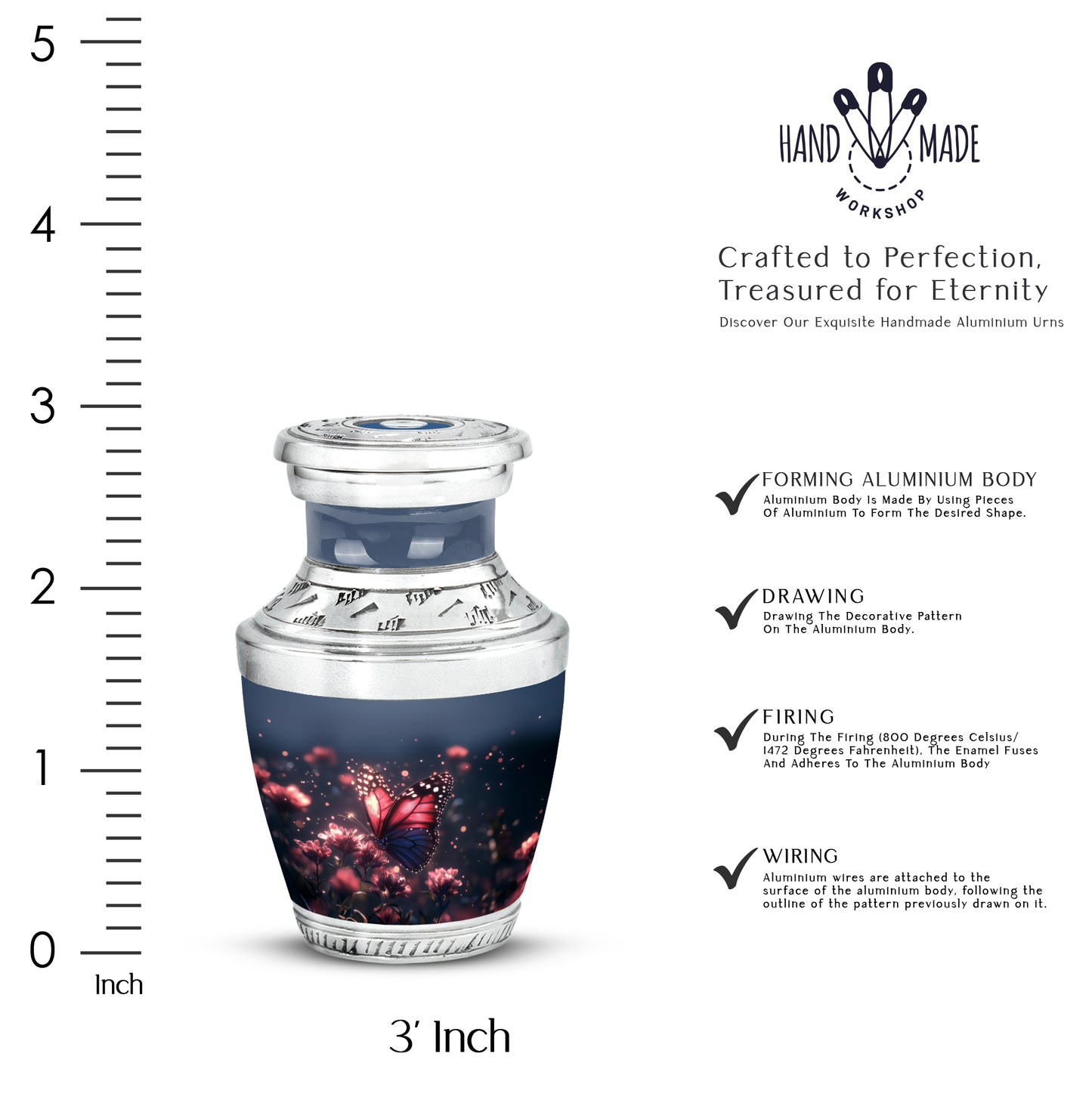 Cornflower Blue Butterfly Cremation Urn top-down view of secure threaded lid - stylized abstract butterfly pattern with bold lines - mini keepsake memorial for portion of cremation ashes