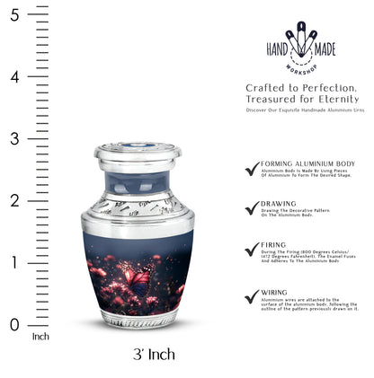 Cornflower Blue Butterfly Cremation Urn top-down view of secure threaded lid - stylized abstract butterfly pattern with bold lines - mini keepsake memorial for portion of cremation ashes